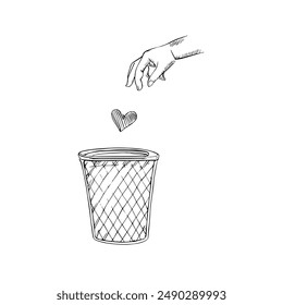 Hand-Drawn Vector Illustration of Hand Discarding Heart into Trash Can