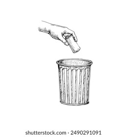 Hand-Drawn Vector Illustration of Hand Discarding Cup into Trash Can