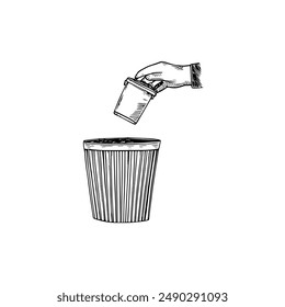 Hand-Drawn Vector Illustration of Hand Discarding Cup into Trash Can