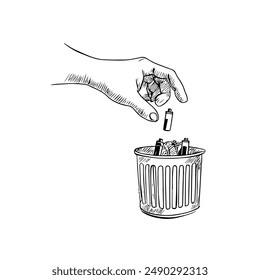 Hand-Drawn Vector Illustration of Hand Disposing Batteries