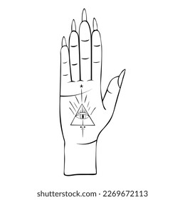 Hand-drawn vector illustration of a hand with an esoteric symbol of the eye on the palm of the hand