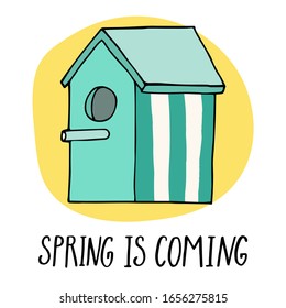 Hand-drawn vector illustration. Hand lettering Spring is coming.