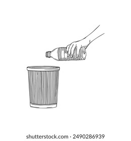 Ilustración vectorial dibujada a mano de botellas arrojadas a la basura