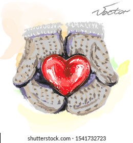 Hand-drawn vector illustration. Hands in knitted mittens holding a heart. Warm and soft mittens. Trust care and protection. Bright and colorful illustration.