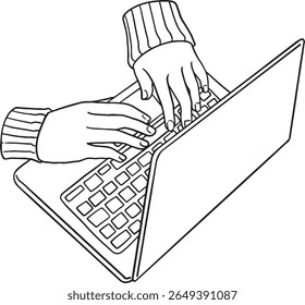 Handgezeichnete Vektorgrafik von Händen, die auf einem Laptop tippen. Ideal für Themen wie Fernarbeit, Technologie, Online-Lernen, Programmieren oder Kommunikation.	
