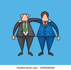 Hand-drawn vector illustration happy boss and businessman worker hugging each other. Colored and black outlines, blue background.