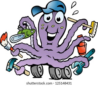 Hand-drawn Vector illustration of an Happy Busy Octopus Handyman