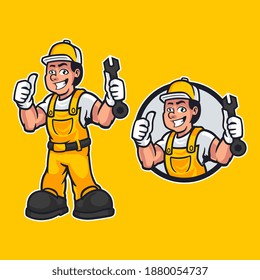 Hand-drawn vector illustration of happy carpenter handyman wearing work clothes and standing pose isolated on yellow background. Professional worker mascot in cartoon design. vector illustration