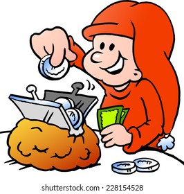 Hand-drawn Vector illustration of an Happy Christmas Elf saving money 