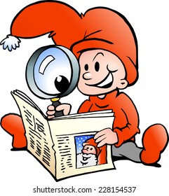 Hand-drawn Vector illustration of an Happy Christmas Elf reading News Paper