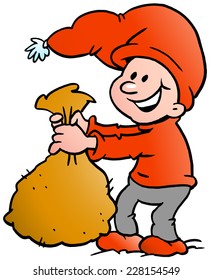 Hand-drawn Vector illustration of an Happy Christmas Elf holding a sack