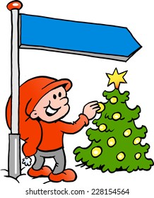Hand-drawn Vector illustration of an Happy Christmas Elf looking at a Christmas Tree