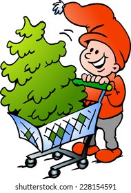 Hand-drawn Vector illustration of an Happy Christmas Elf  shopping a Christmas Tree