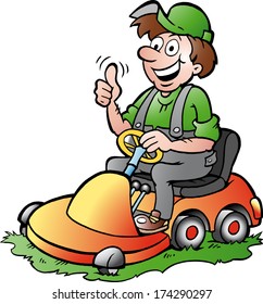 Hand-drawn Vector illustration of an happy Gardener riding his lawnmower