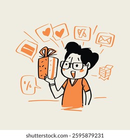 A hand-drawn vector illustration of a happy man holding a gift box, surrounded by marketing and e-commerce icons like likes, discounts, and shopping carts. Perfect for digital marketing.