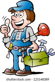 Hand-drawn Vector illustration of an happy Plumber Handyman, giving thumb up