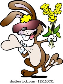 Hand-drawn Vector illustration of an happy rabbit with a bouquet of daffodils