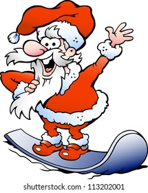 Hand-drawn Vector illustration of an Happy Santa on snowboard