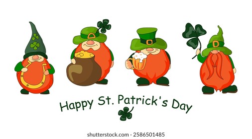 
Hand-drawn vector illustration of a Happy St. Patrick's Day gnome banner design in cartoon style. Vector