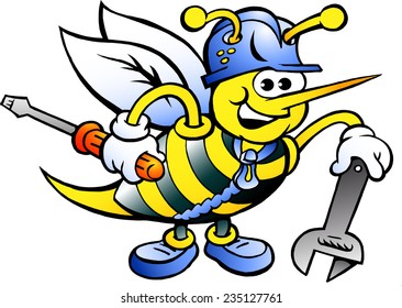 Hand-drawn Vector illustration of an Happy Working Bee Holding Wrench and Screw Driver