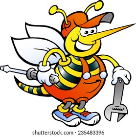 Hand-drawn Vector illustration of an Happy Working Bee Holding Wrench and Screw Driver