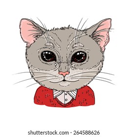 Hand-drawn vector illustration. Hipster cat in knitted sweater. Vintage. Isolated on white background