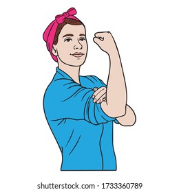 Hand-drawn vector illustration of a housewife with a blue shirt and red headscarf, who scrubs up the ermel and clenches her fist. comic, feminism.
