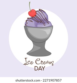 A hand-drawn vector illustration of ice cream in a cup and a cherry on top. Happy National Ice Cream Day card