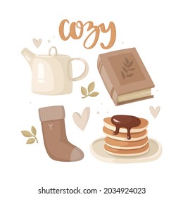 Hand-drawn vector illustration. Icons set on a white background, sticker design. Knitted socks, kettle, pancakes, vintage book. Handwritten lettering cozy. The atmosphere of comfort and home coziness.