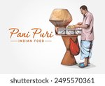 Hand-Drawn Vector Illustration of Indian traditional Street Food Golgappa, Pani Puri, or Fuchka. Seller Making Pani Puri on Isolated white Background.