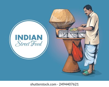 Hand-Drawn Vector Illustration of Indian traditional Street Food Golgappa, Pani Puri, or Fuchka. Seller Making Pani Puri on Isolated Background.