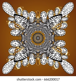 Hand-drawn vector illustration of isolated stylized snowflakes. Isolated watercolor golden snowflakes on brown background. Symbol of winter. Beautiful decoration.