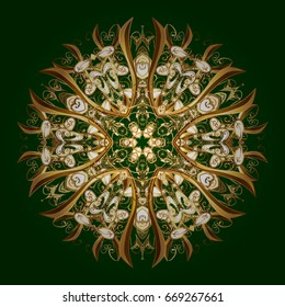 Hand-drawn vector illustration of isolated stylized snowflakes. Isolated watercolor golden snowflakes on green background. Symbol of winter. Beautiful decoration.