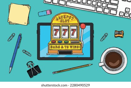 Handgezeichnete Vektorgrafik der Jackpot-Maschine auf Tablettenbildschirm. Die Tablette sitzt auf dem Schreibtisch.