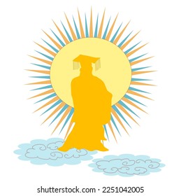 Hand-drawn vector illustration of the Jade Emperor standing among the clouds. Silhouette image of Heavenly Duke or the Jade Emperor standing in the sky for using in Lunar New Year blessing period.