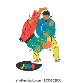 Handdrawn vector illustration of judo athletes. The sketch design. Wrestling.