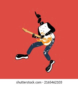 Hand-drawn vector illustration of jumping man with guitar.Rockstar performance.Doodle style.Design for poster, print, card.