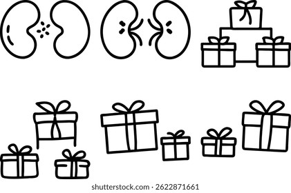 Ilustração vetorial desenhada à mão de rins e várias caixas de presente, adequado para temas médicos, de saúde, de doação ou de transplante de órgãos. Estilo de arte de linha simples.