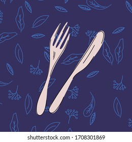 Dibujo vectorial hecho a mano de la horquilla de cubiertos de cocina y cuchillo sobre un mantel sobre un fondo oscuro con adornos florales de hojas y ramas. Plano.