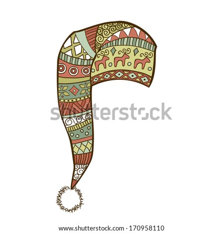 Hand-drawn vector illustration of knitted ornate sock-cap in pastel colours