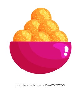 Ilustração vetorial desenhada à mão de doces de laddu empilhados em uma tigela rosa vibrante. Um gráfico alegre e festivo perfeito para festivais de comida indiana e projetos de design cultural.