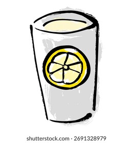 Una Ilustración vectorial dibujada a mano de un limón agrio con una pincelada. Una Imagen de un vaso con una rodaja de limón dibujado en él.