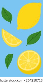 Hand-drawn vector illustration of Lemons with leaves – fresh, juicy yellow fruits in a cute and playful cartoon style on blue background