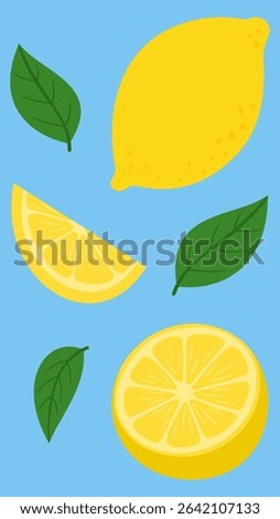 Hand-drawn vector illustration of Lemons with leaves – fresh, juicy yellow fruits in a cute and playful cartoon style on blue background