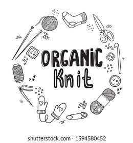 Hand-drawn vector illustration of lettering in the subject of needlework, crafts, hobbies and knitting.
