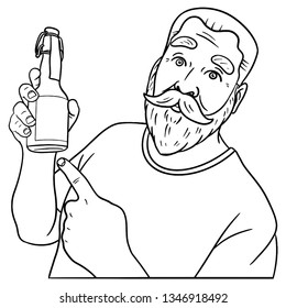 Handgezeichnete Vektorgrafik eines Mannes mit einem Bart, der eine braune Flasche Handbier hoch hält und mit seinem Finger darauf zeigt.