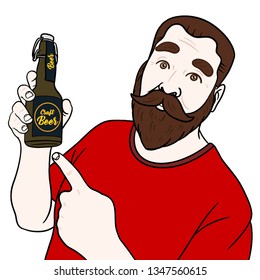 Hand-drawn vector illustration of a man with a beard holding a brown bottle of craft beer high and pointing it with his finger.