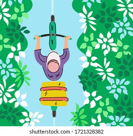Ilustración vectorial hecha a mano de un hombre en una gorra que monta una bicicleta o se trapa en la parte superior de la carretera. Glade con hojas y arbustos. Maletero con caja. Cargo. Servicio de entrega. Alquiler de bicicletas.Jardín. Plano.