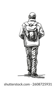 Hand-drawn vector illustration of a man walking with a backpack, viewed from behind. Black and white sketch with hatching, isolated on white. Ideal for travel, lifestyle, and urban concepts
