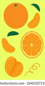 Hand-drawn vector illustration of Mandarin oranges with leaves – fresh, juicy orange fruits in a cute and playful cartoon style on light yellow background